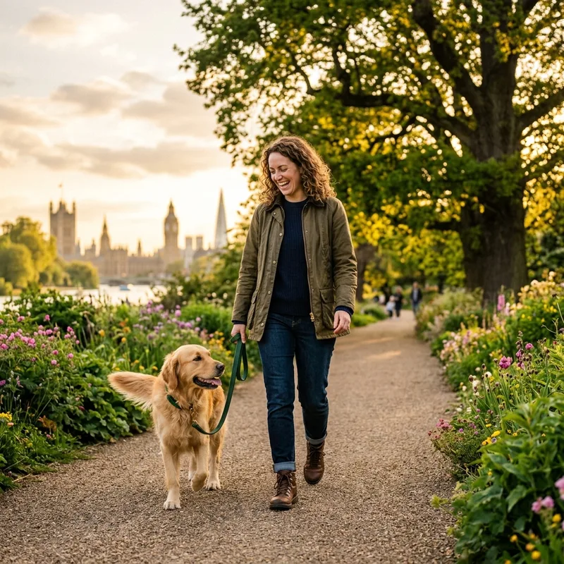 Woman and golden retriever walking in Hyde Park London — EcoPaw Pets